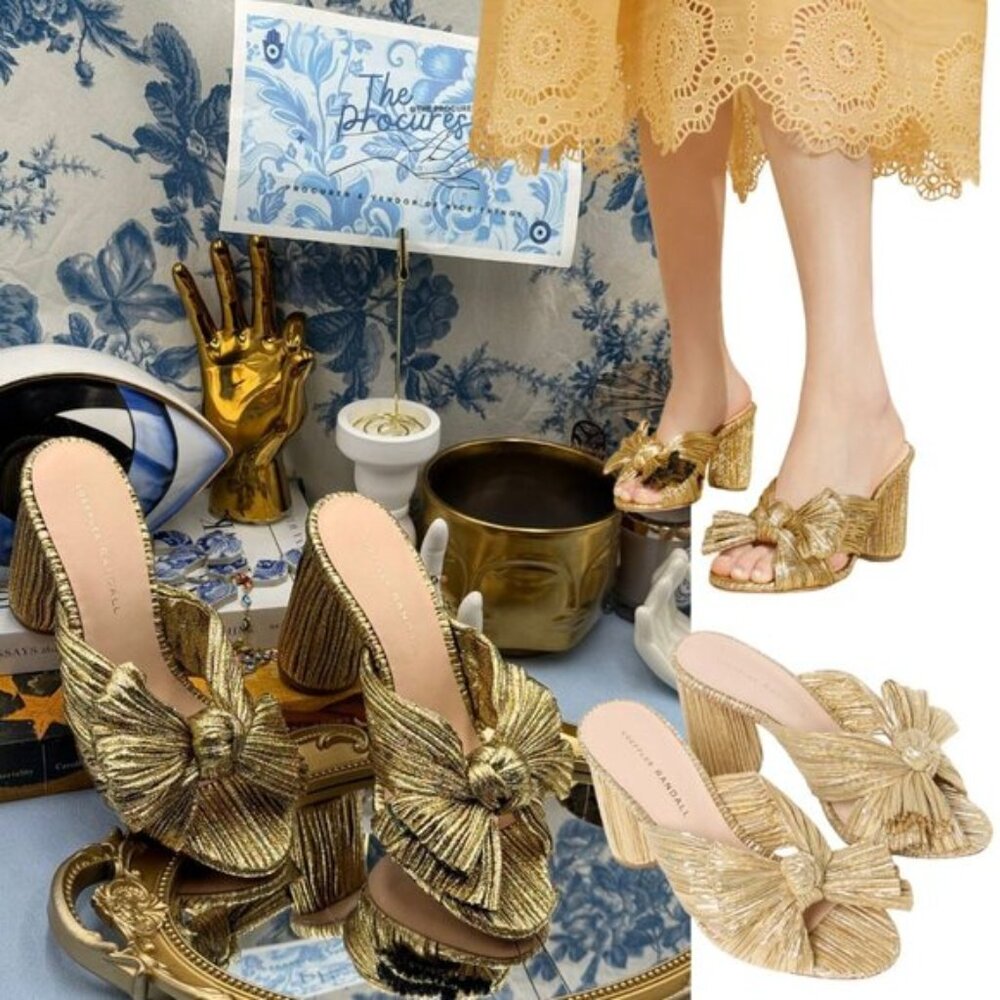 🆕 LOEFFLER RANDALL 🧿 NWOB Penny Metallic Gold Pleated Bow Heel, Sz 7